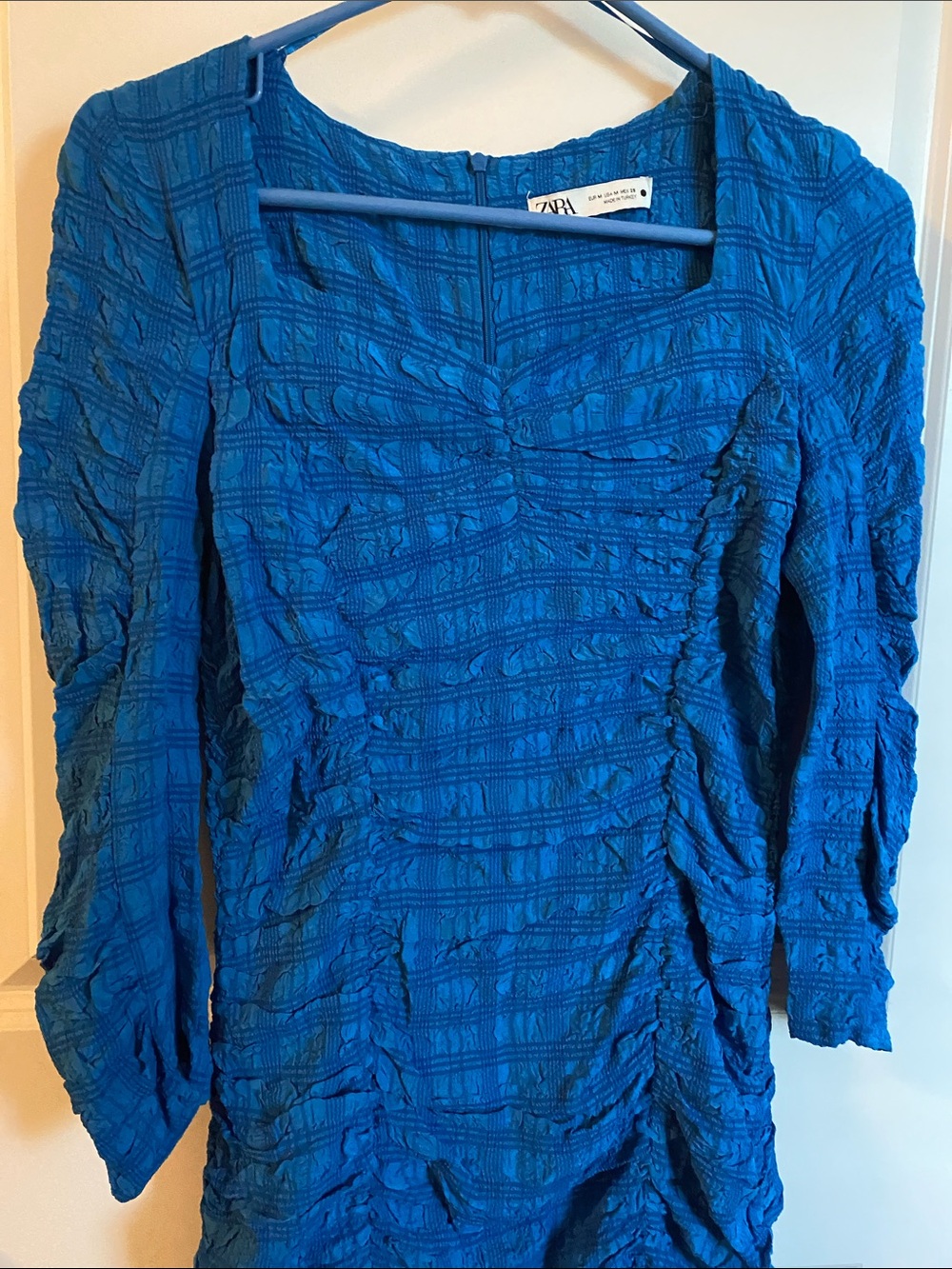 Zara Bright Blue Textured Ruched Long-Sleeve Top